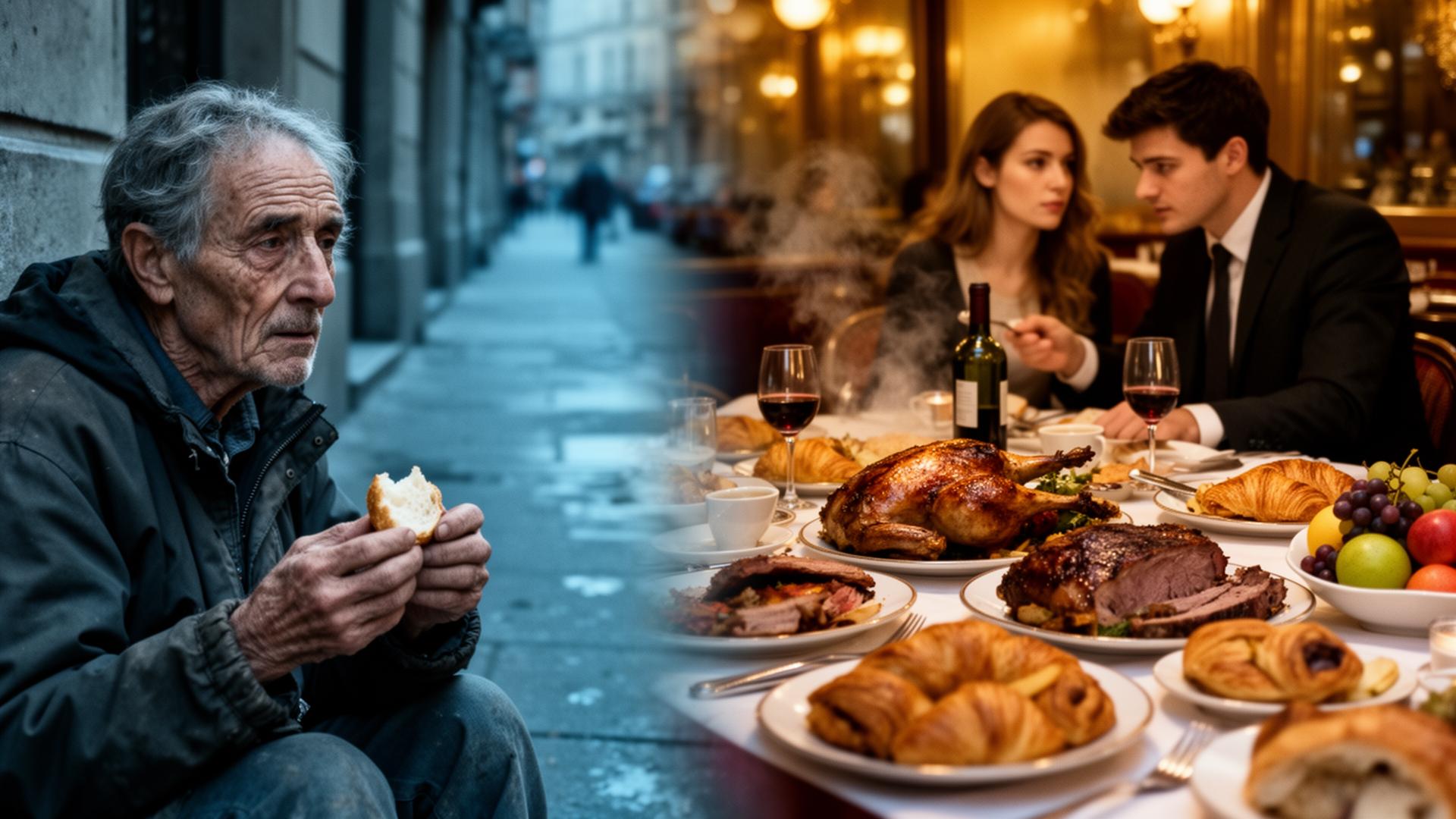 A homeless man on a cold sidewalk holds a single crust of bread while a young couple sits before a lavish feast